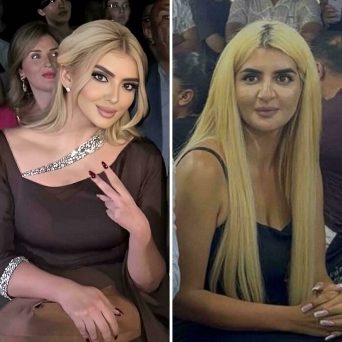 Side-by-side comparison of two women highlighting social media filters and attempts to fake appearance.