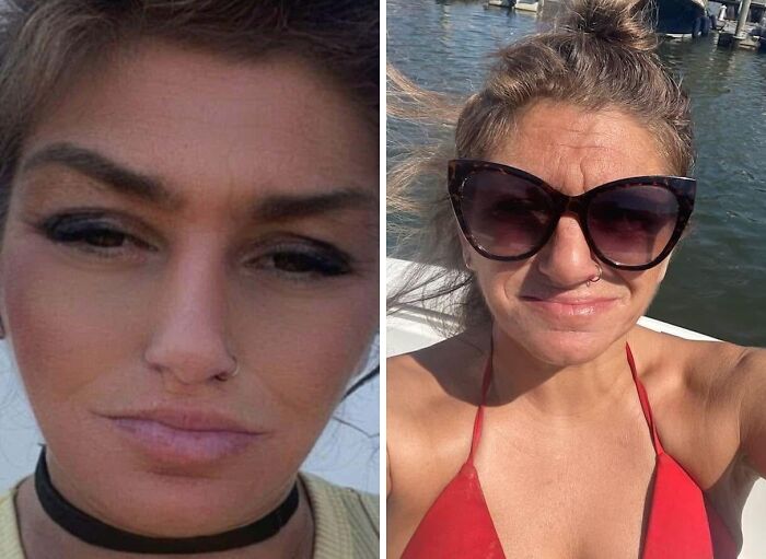 Side-by-side images showing social media filter effects versus natural appearance by the water in sunglasses and swimwear.