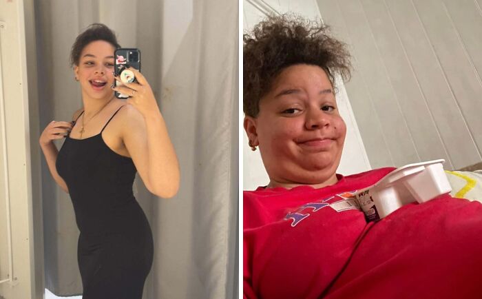 Side-by-side photos showing a person’s transformation with notable weight loss and improved confidence over time.