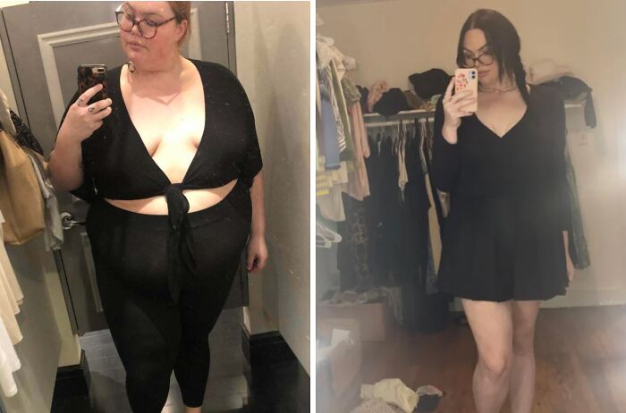 Before and after glow-up transformation of a woman taking selfies in mirrors showing her weight loss progress.