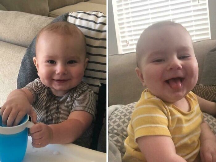 Smiling baby in striped shirts showing playful and calm moments highlighting funny differences between moms and dads.