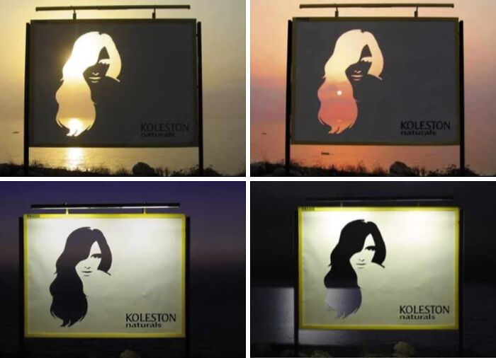 Billboards with creative hair design using sunlight and lighting for a Koleston Naturals advertisement.
