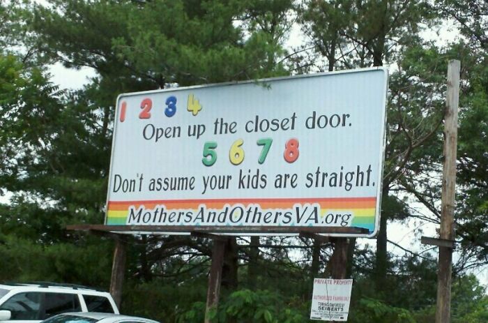Funny and weird billboard advising to open the closet door and not assume kids are straight with colorful numbers.