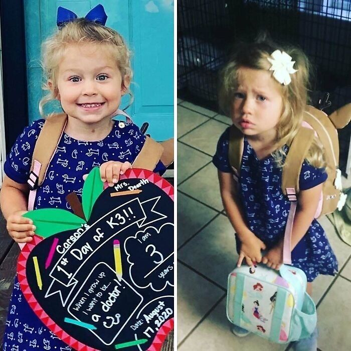 Smiling and upset young girl with backpack showing funny photos revealing the stark differences between moms and dads.