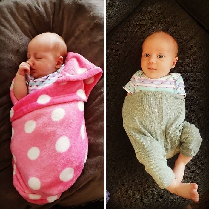 Baby swaddled neatly in pink blanket on left and loosely wrapped in oversized pants on right showing differences between moms and dads.