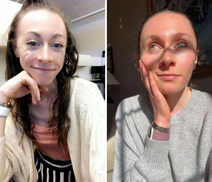 Side-by-side photos showing a woman’s glow-up transformation with natural lighting and a joyful expression.