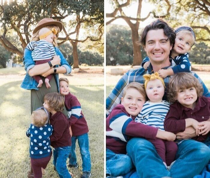 Mom and dad with four children outdoors, highlighting funny photos revealing the stark differences between moms and dads.