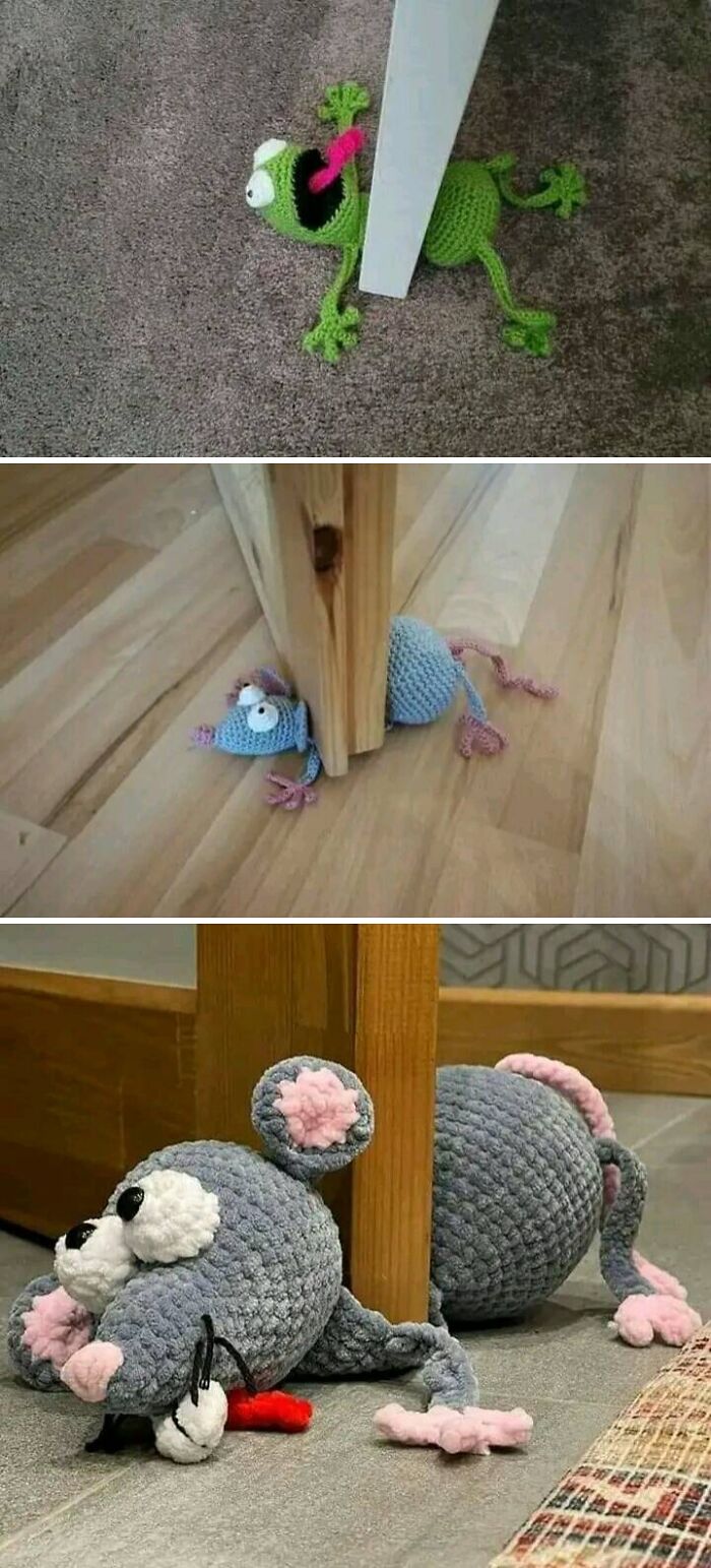 Three crocheted animals wedged under furniture, showcasing some of the weirdest purchases people would make in a heartbeat.