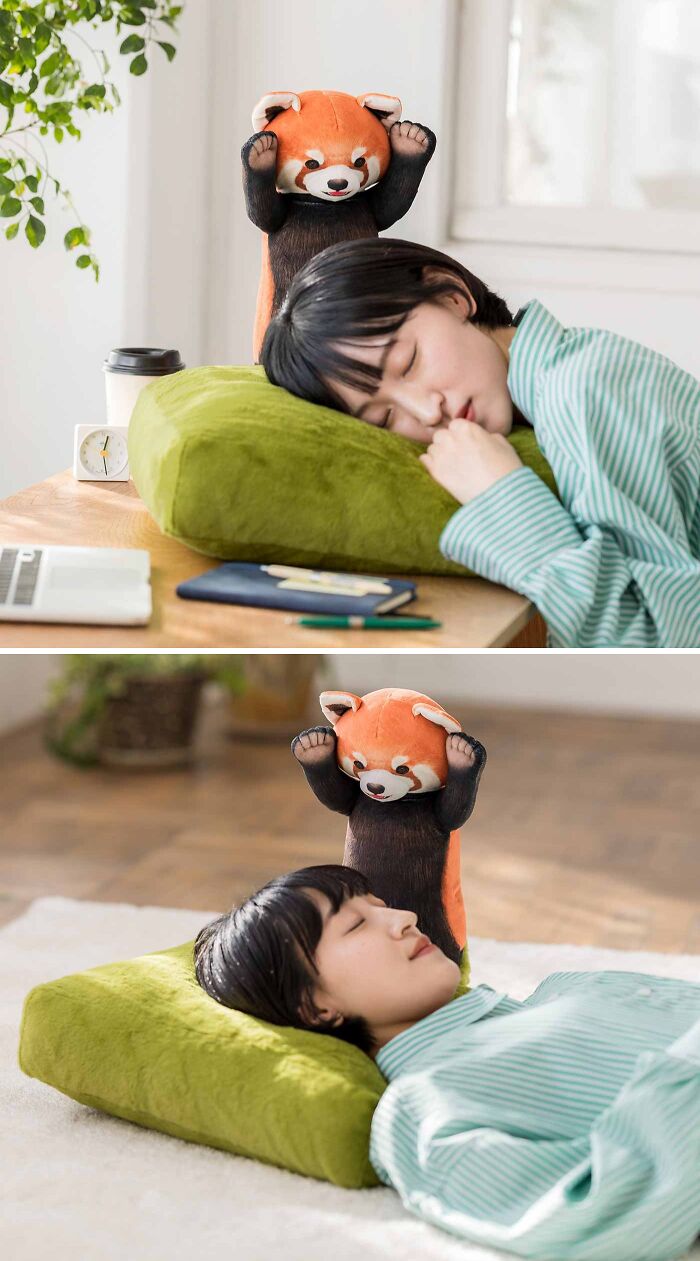 Woman resting with a plush red panda toy that playfully pats her head, representing one of the weirdest purchases.