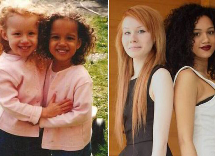 Two girls hugging outdoors as children and the same two women posing indoors years later, representing inspiring facts growth.