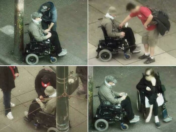 Man in a wheelchair receiving help from strangers in various acts of kindness, showcasing inspiring facts about humanity.
