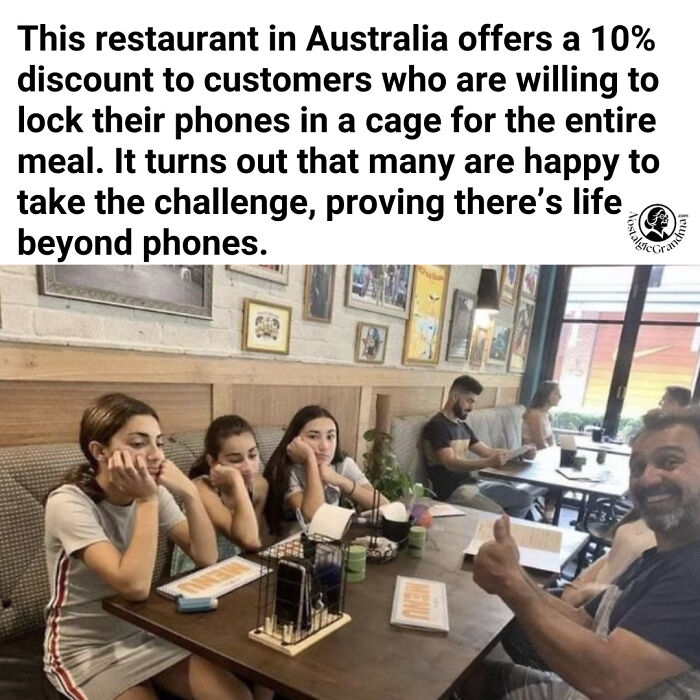 Customers at an Australian restaurant lock phones in a cage for a discount, showing inspiring facts about life beyond phones.