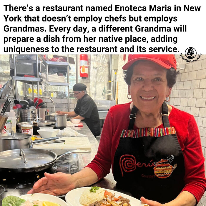 Grandma in a New York restaurant kitchen preparing a unique homemade dish, inspiring and uplifting fact featured.