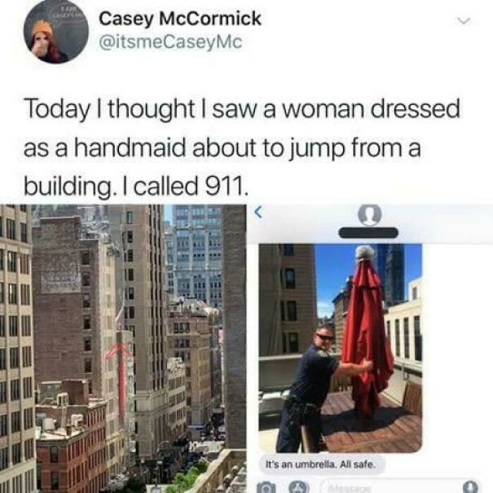 Tweet showing a mistaken rescue call thinking a handmaid was jumping, but it was an umbrella, inspiring facts better than news.