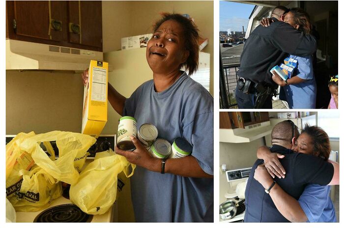 Woman receiving grocery donations with emotional reactions, showing inspiring facts better than watching the news moments.