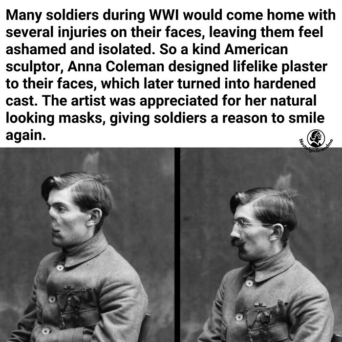 Black and white photo showing WWI soldiers with lifelike plaster face masks, inspiring facts better than watching the news