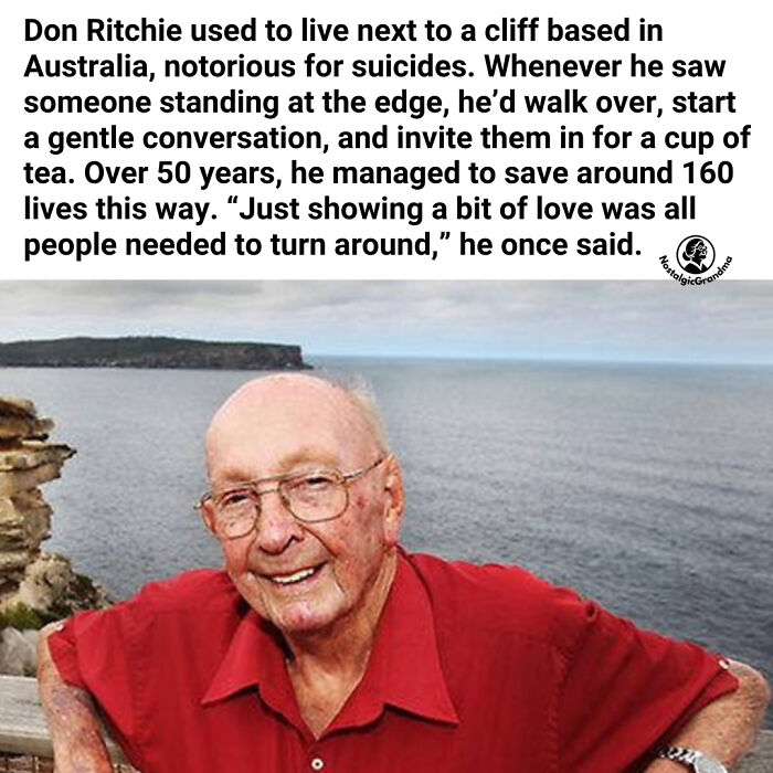 Elderly man smiling by the ocean, inspiring facts about saving lives and kindness better than watching the news.