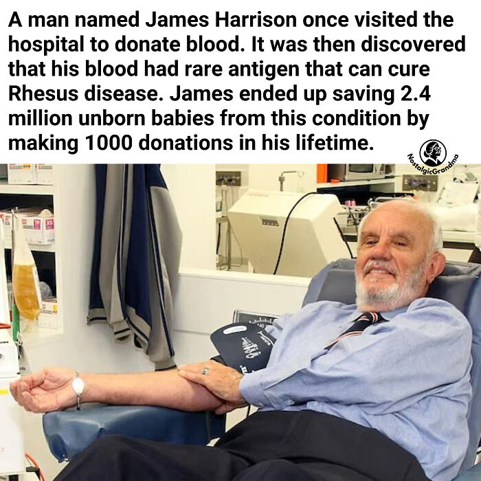 Elderly man donating blood with rare antigen that helped save millions of unborn babies inspiring facts better than news.