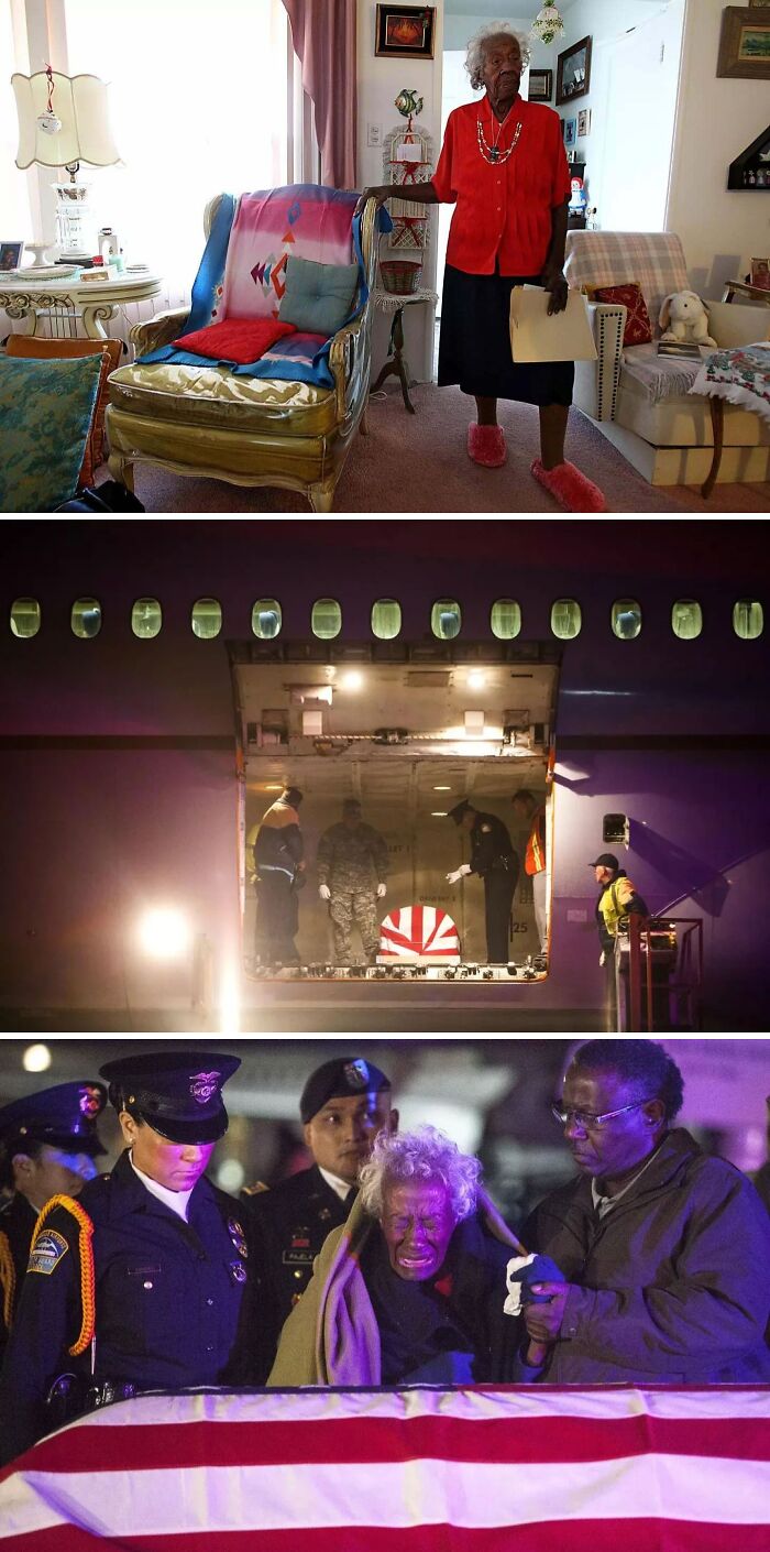 Elderly woman honored with military flag in emotional ceremony showing inspiring facts about life and service.