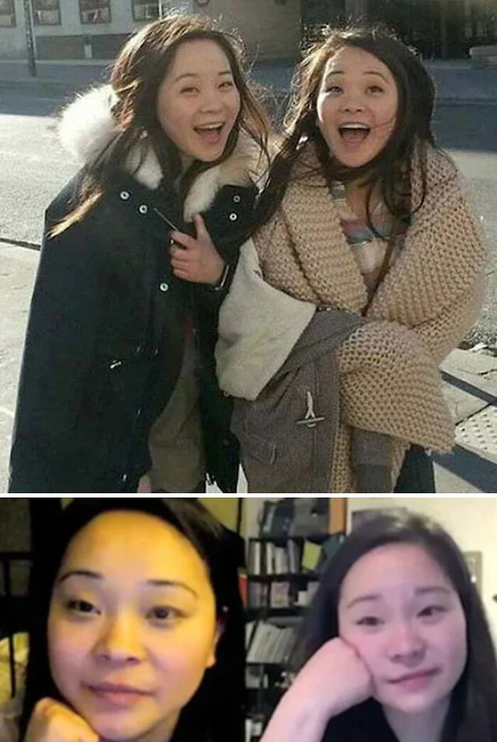 Two women smiling outdoors in warm clothes and the same two women in a virtual call, showing inspiring facts connection.