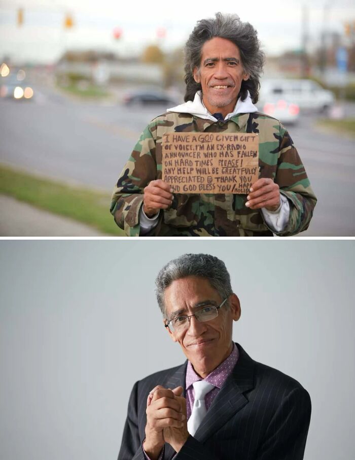 Man holding a cardboard sign outdoors showing inspiring facts, and the same man in a suit suggesting hope and change.