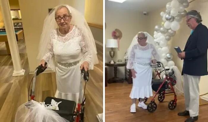 Elderly woman in a wedding dress using a walker, celebrating a joyful moment better than watching the news.