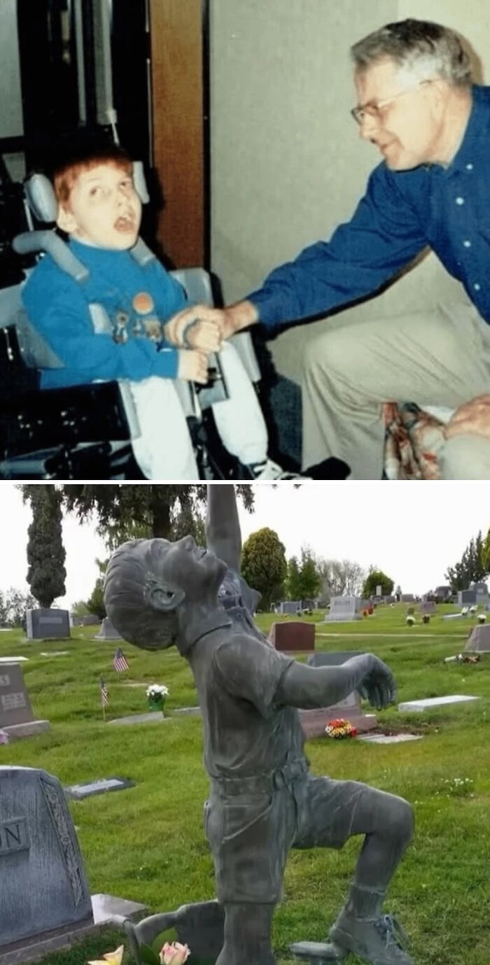 Boy in wheelchair holding hands with an older man, and a joyful statue in a peaceful cemetery inspiring hope and care.