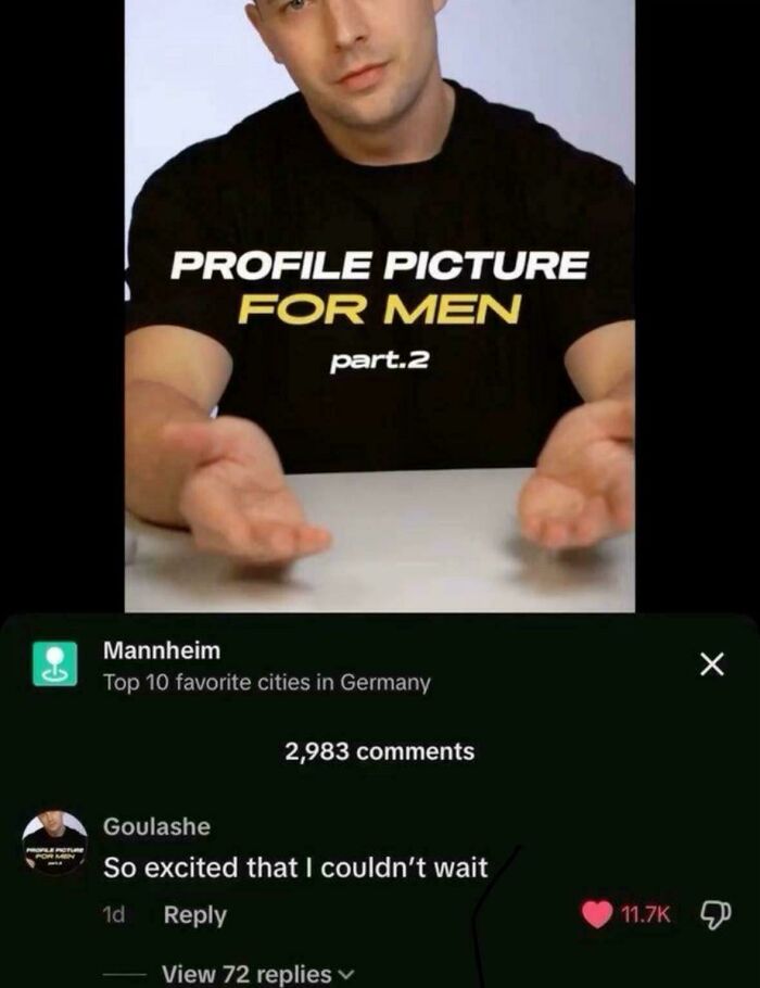 Man presenting profile picture ideas for men while showcasing a popular comment with high engagement counts.