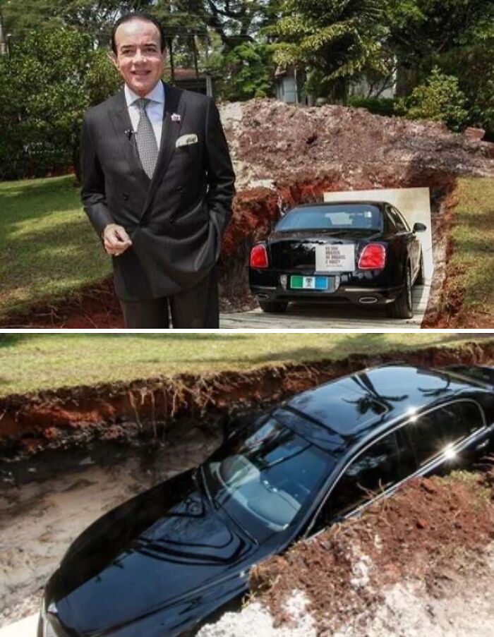 Man in suit standing by luxury car garage built inside a hill showcasing inspiring facts better than watching the news.