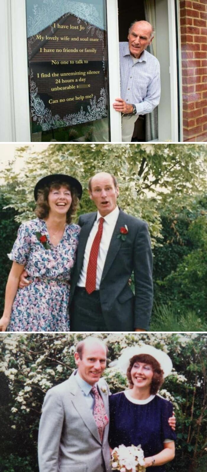 Elderly man reflecting on inspiring facts with photos of a couple representing love and lasting relationships.