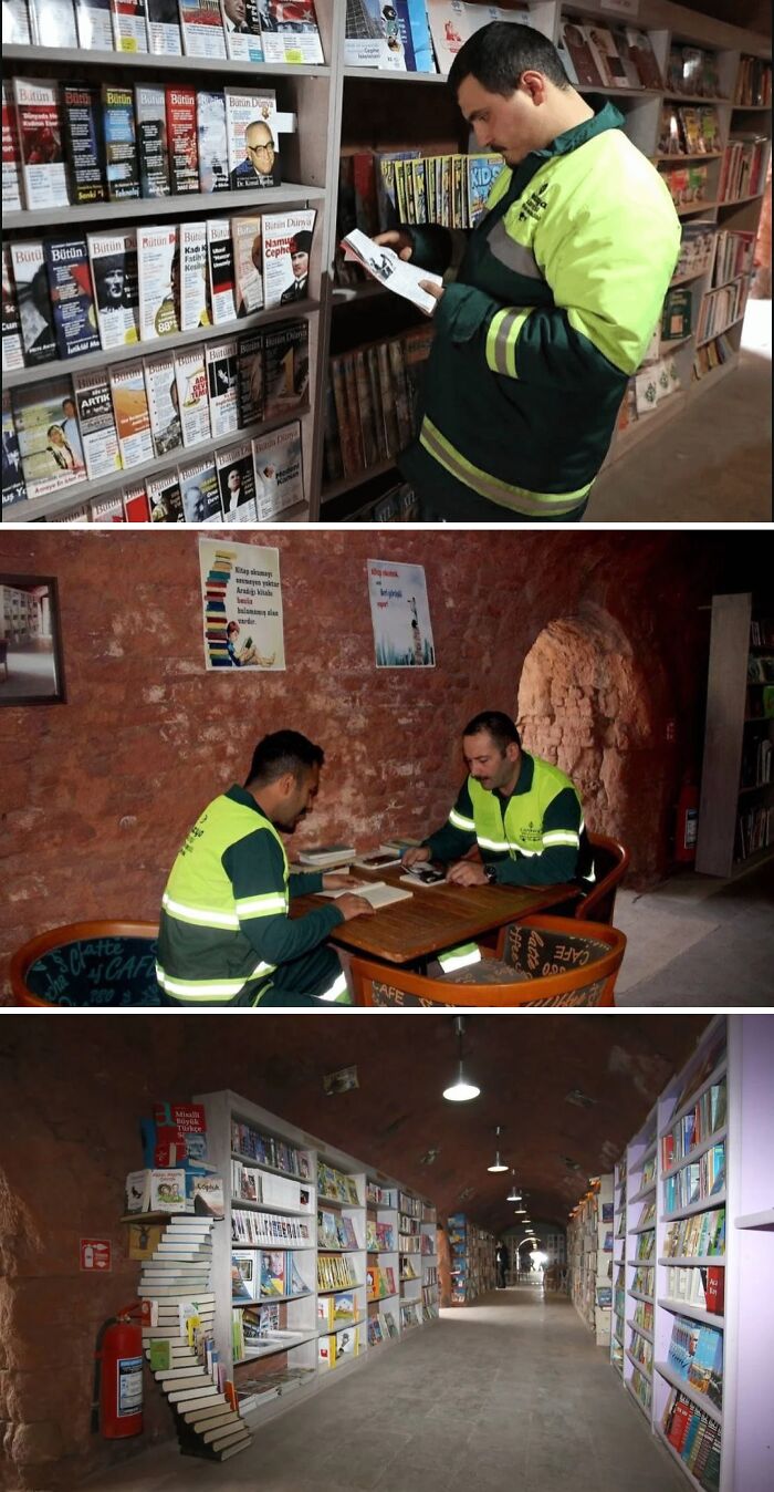 Men in reflective jackets reading and studying books in a long underground library filled with inspiring facts and knowledge.