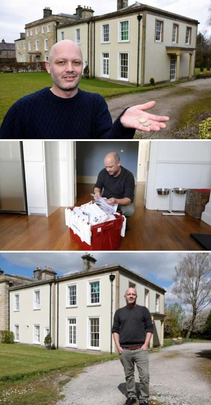 Man outside and inside a house sorting papers, illustrating inspiring facts better than watching the news moments.