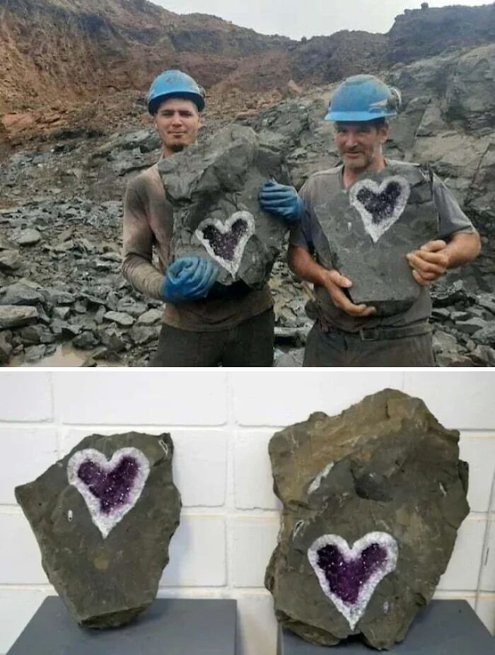 Miners holding rocks with natural heart-shaped crystals, showcasing inspiring facts better than watching the news.