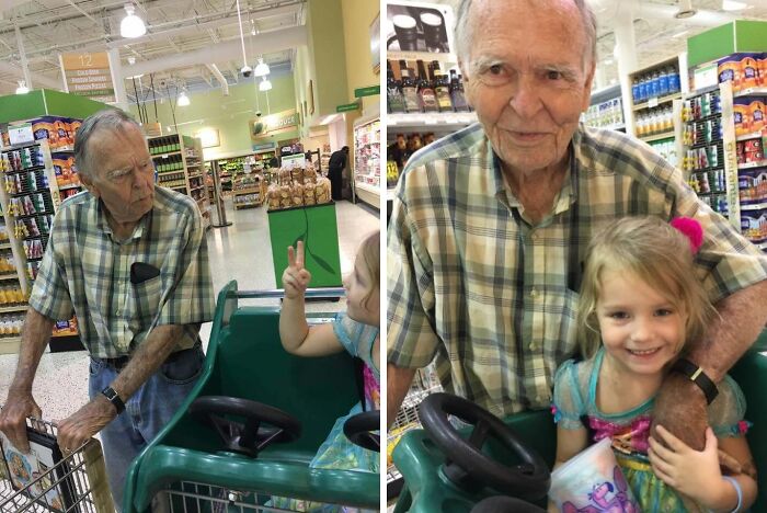 Elderly man shopping with young girl in grocery store, sharing joyful moments and inspiring facts together.