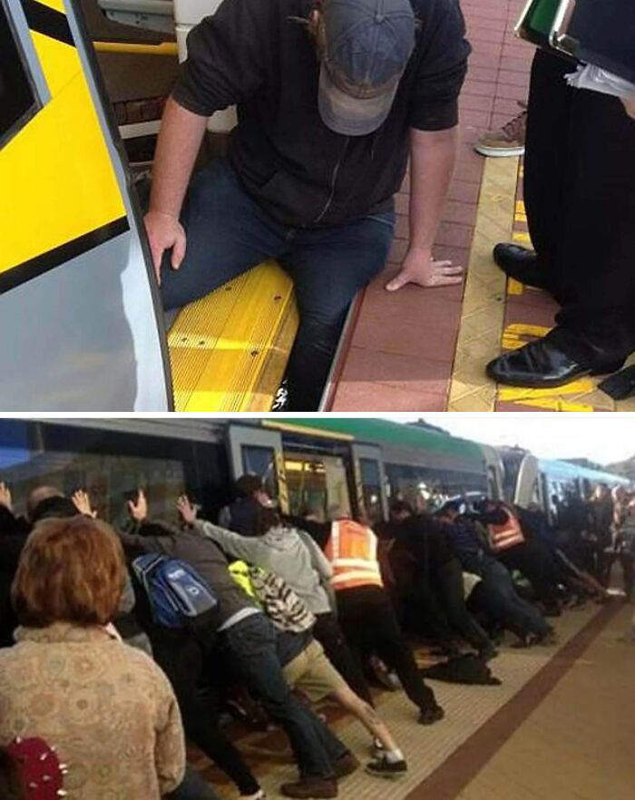 Man stuck in train door gap and crowd pushing train to free him, showcasing inspiring facts better than watching the news.