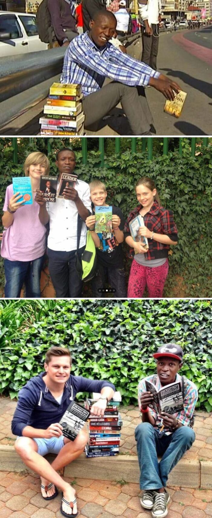 People of different ages smiling and holding books outdoors, promoting inspiring facts better than watching the news.