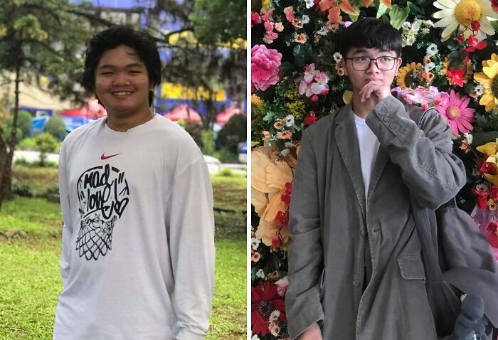 Before and after glow-up of a young man smiling outdoors and later styled with glasses and a casual jacket by a floral wall.