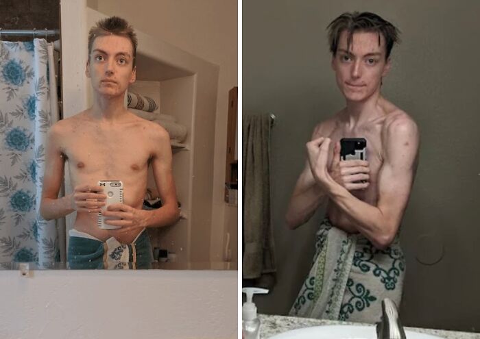 Before and after glow-up photos of a young man showing physical transformation and improved muscle tone in bathroom selfies.