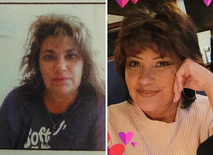 Before and after photos of a woman showcasing a life-changing transformation with a new hairstyle and confident smile.