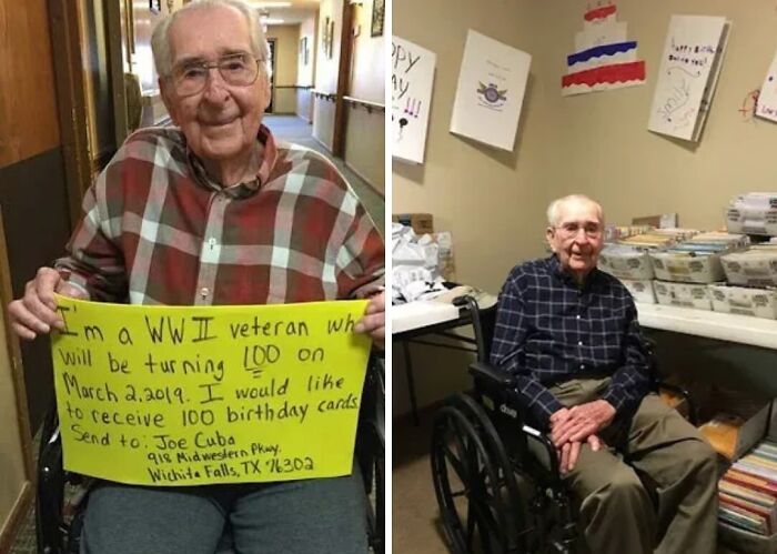 Elderly WWII veteran holding a birthday card request, inspiring positive facts better than watching the news.