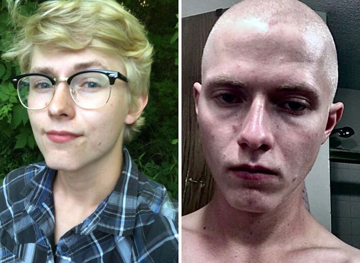 Side-by-side glow-up photos showing transformation of a person with glasses and blonde hair to a shaved head and no glasses