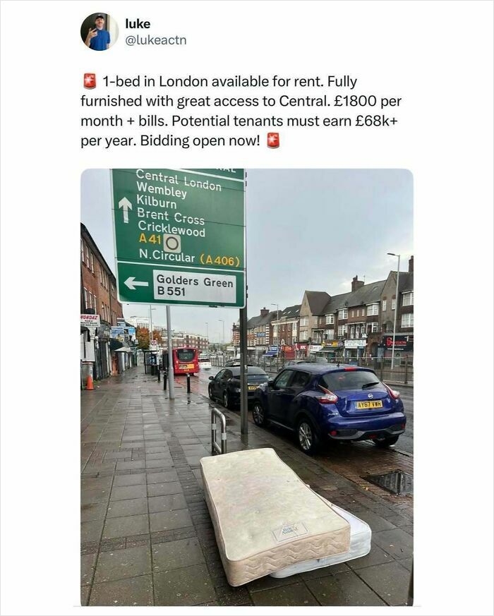 London street meme showing a mattress on the sidewalk with a humorous rental ad highlighting UK humor in Great London memes.