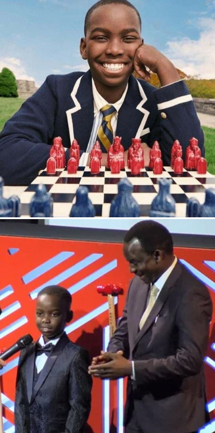 Smiling boy in blazer playing chess and dressed in tuxedo receiving award, inspiring facts about success and achievement.