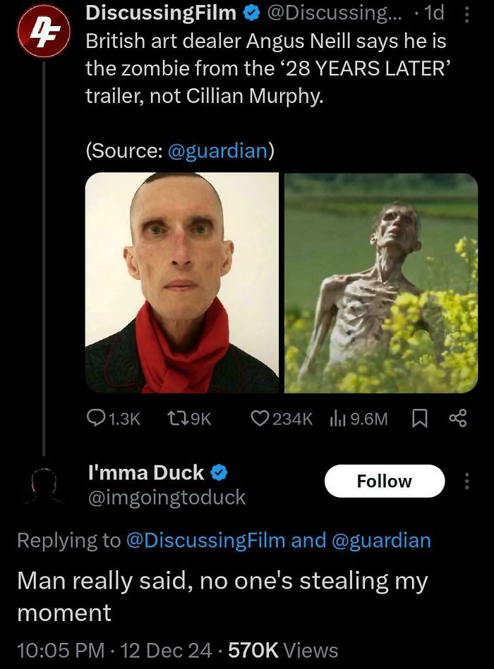 Tweet showing a funny comment response about the zombie from the 28 Years Later trailer, highlighting better comments.