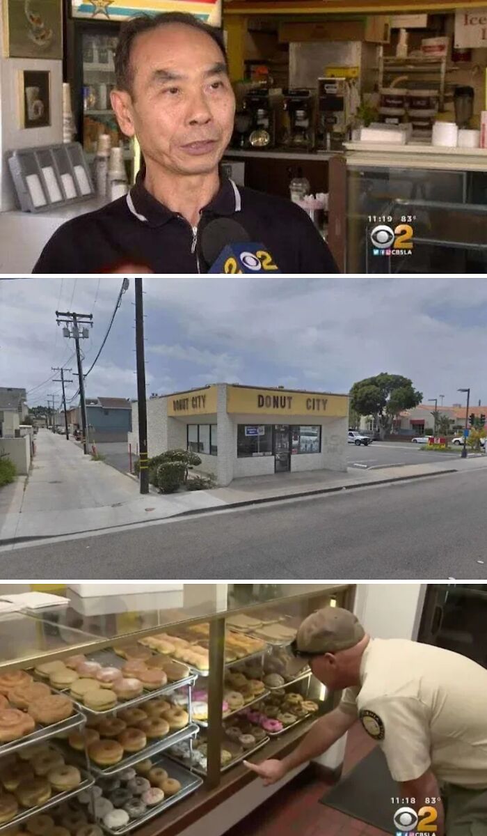 Man being interviewed inside donut shop, exterior view of Donut City, and customer choosing donuts, inspiring facts about donuts.