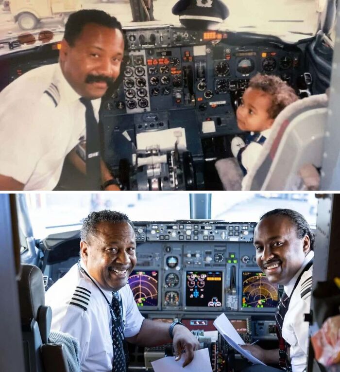 Pilot with child and later with co-pilot in cockpit, showcasing inspiring facts better than watching the news.
