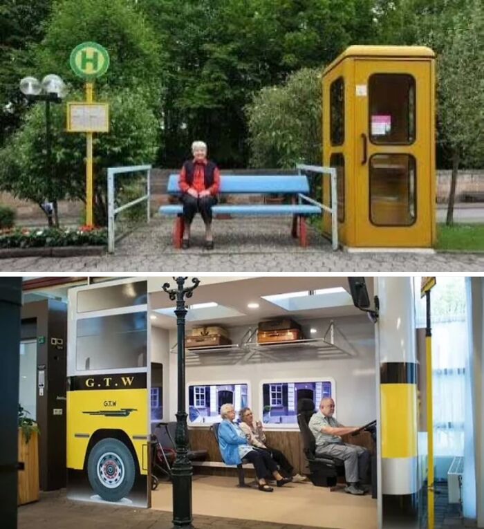 Elderly people sitting in a colorful bus-themed seating area showcasing inspiring facts about transportation.