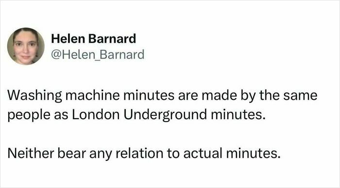 Tweet from Helen Barnard humorously comparing washing machine and London Underground minutes in great London memes style.