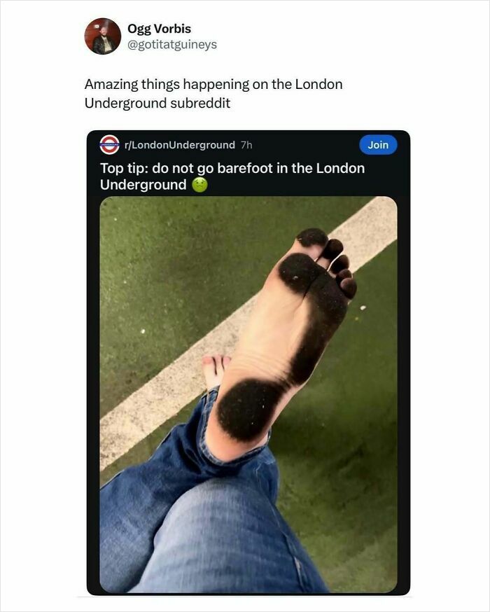 Barefoot person with extremely dirty foot standing on green floor, a funny moment from Great London Memes UK humor page.