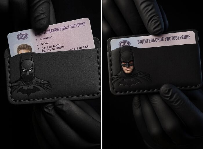 Black leather cardholder with Batman design, held in gloved hands, showcasing unique and weird purchases.